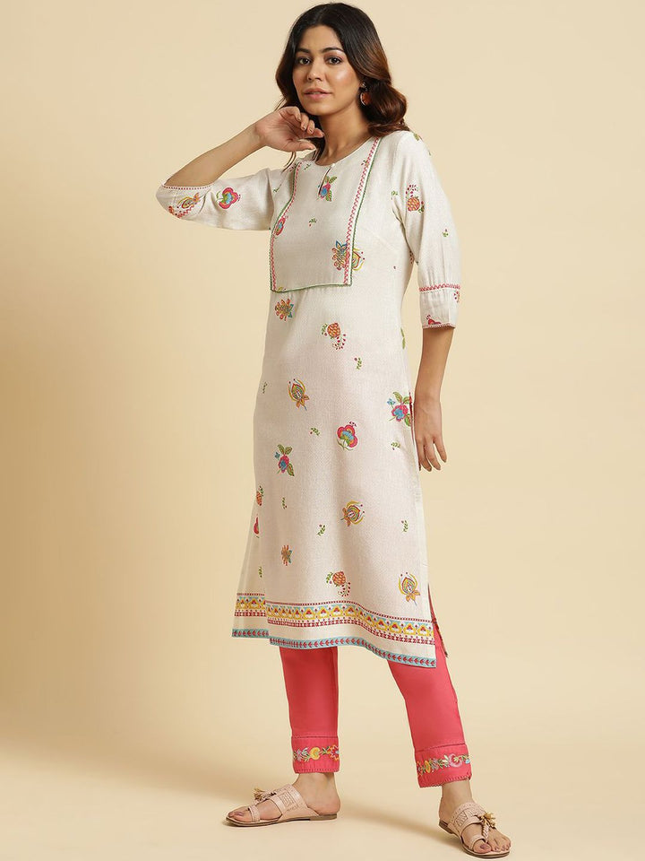W White Floral Printed Thread Work Straight Kurta