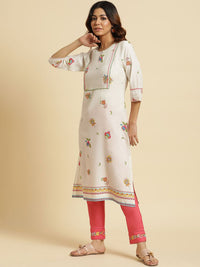 W White Floral Printed Thread Work Straight Kurta