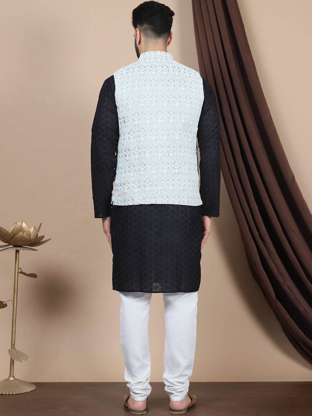 Anouk Black Ethnic Motifs Embroidered Pure Cotton Straight Kurta with Churidar