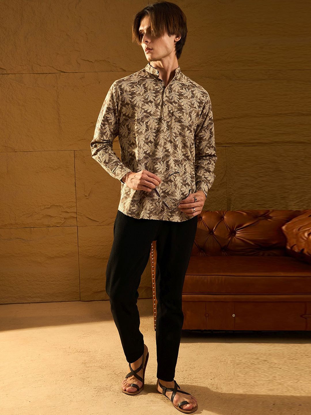 DENNISON Floral Block Printed Mandarin Collar Cotton Short Kurta