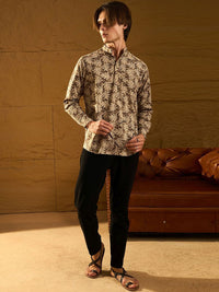 DENNISON Floral Block Printed Mandarin Collar Cotton Short Kurta