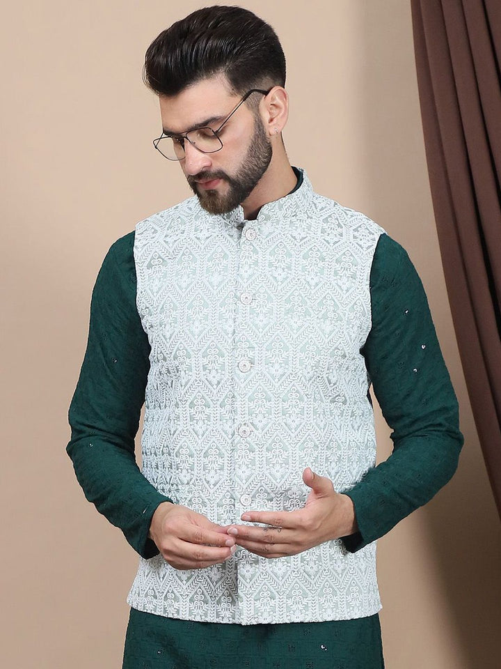 Kurta Lurus Kapas Tulen Sulam Bunga Anouk Dengan Jaket Churidar & Nehru