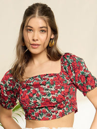 Berrylush Floral Print Puff Sleeve Crop Top