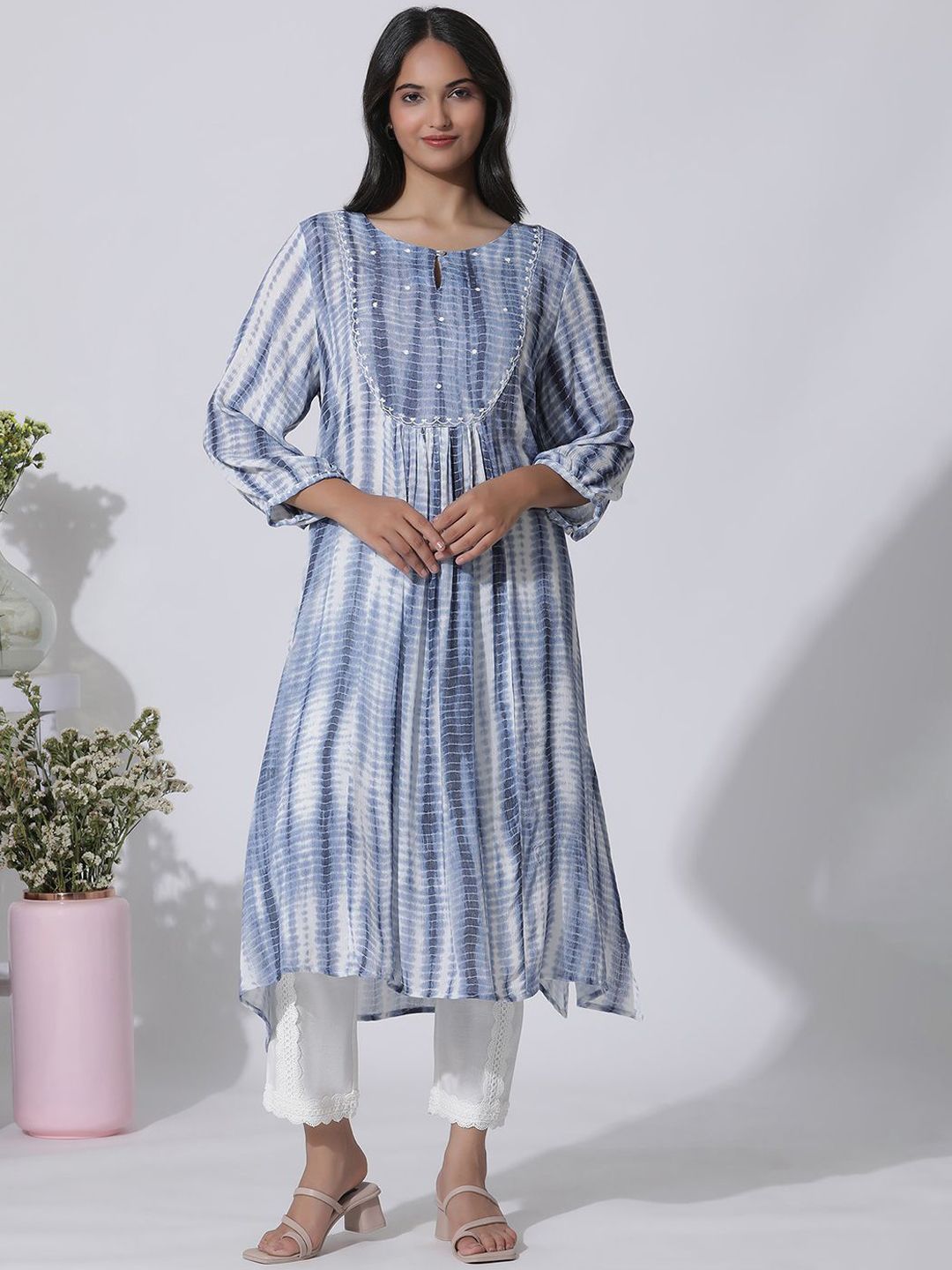 W Abstract Printed Keyhole Neck A-Line Kurta