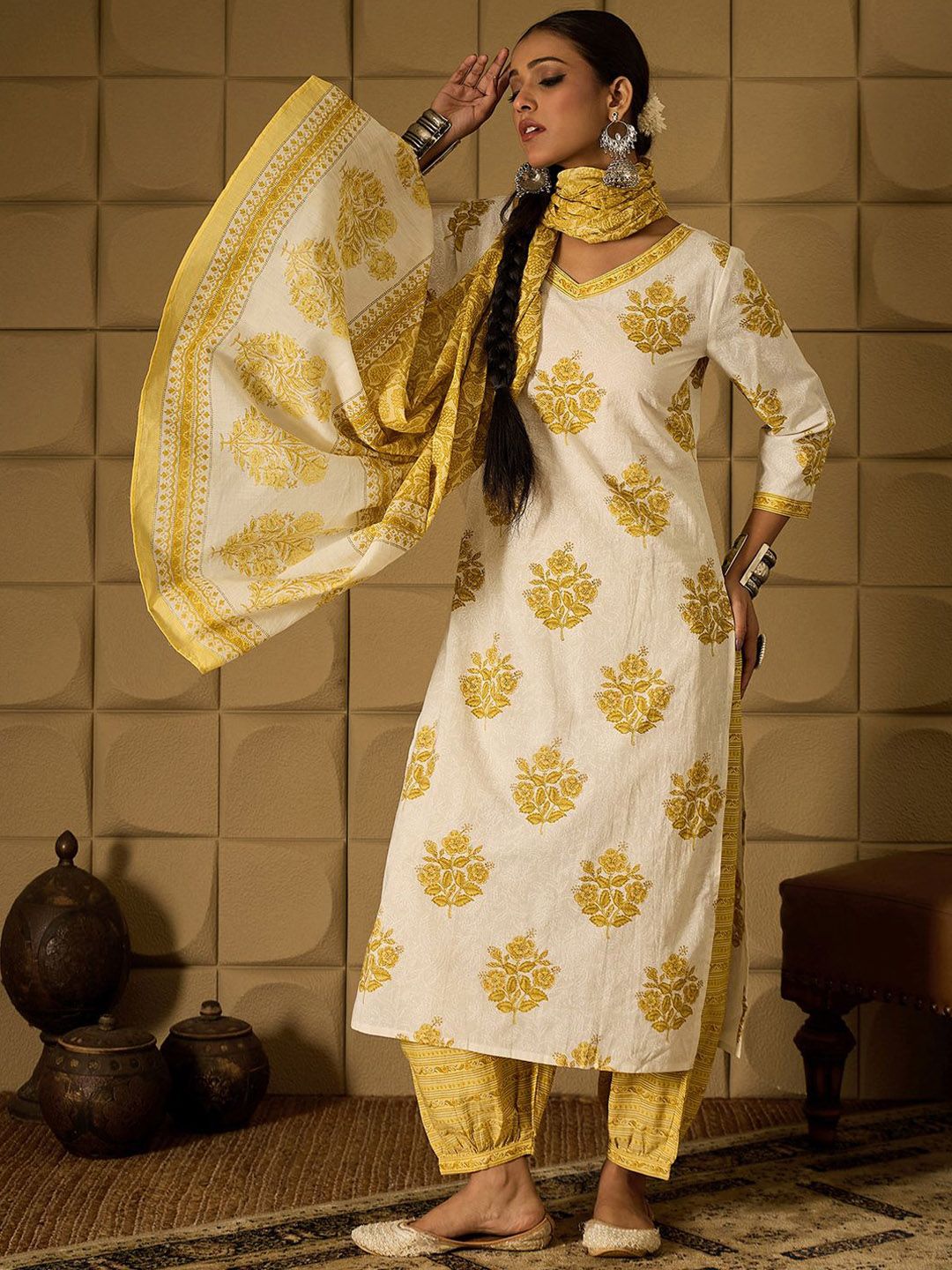 Indo Era Floral Printed V-Neck Pure Cotton Straight Kurta With Salwar & Dupatta