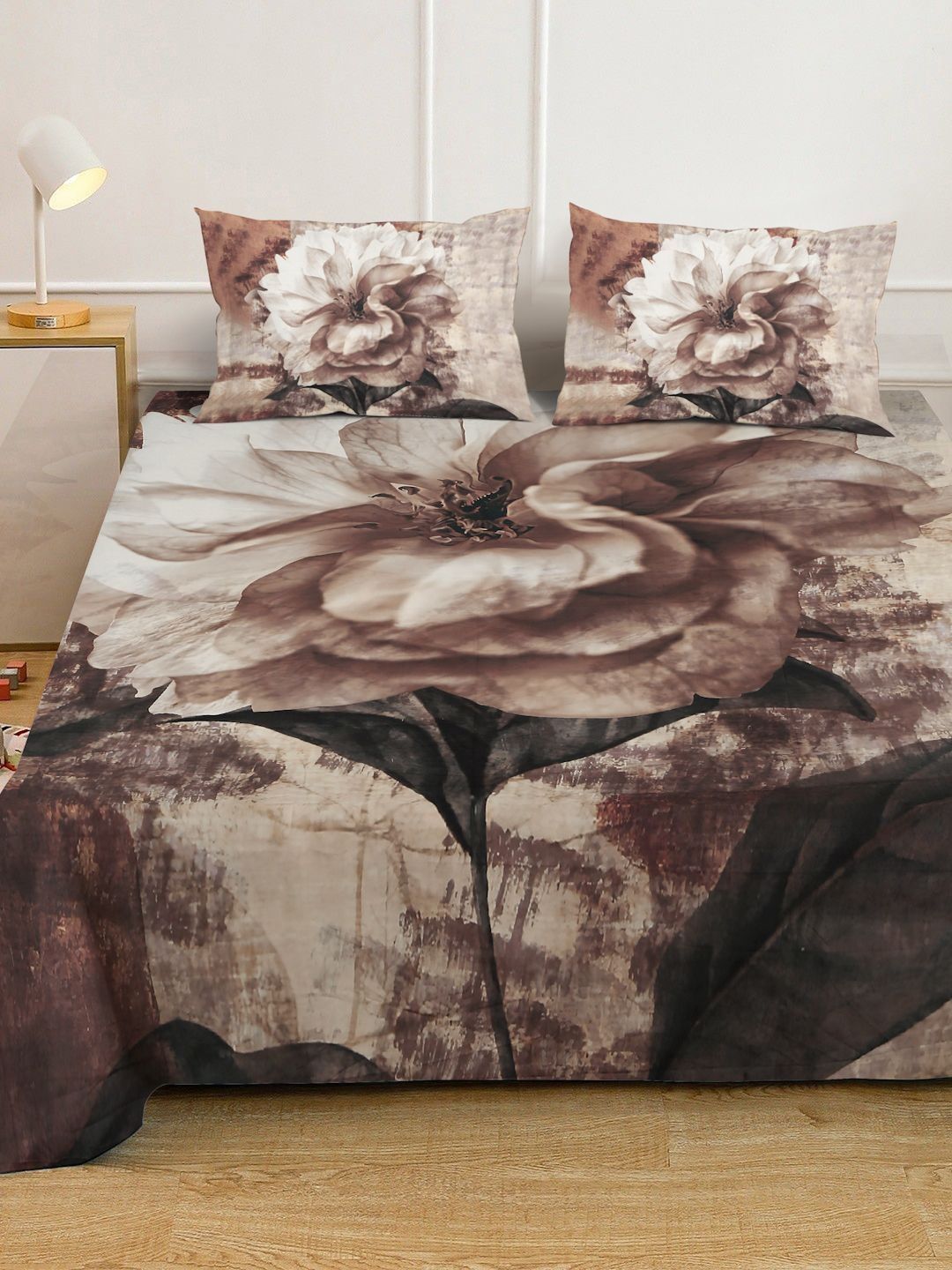 KLOTTHE Brown Floral Printed 400TC Double King 7D Bedsheet With 2 Pillow Cover-250X225 cm