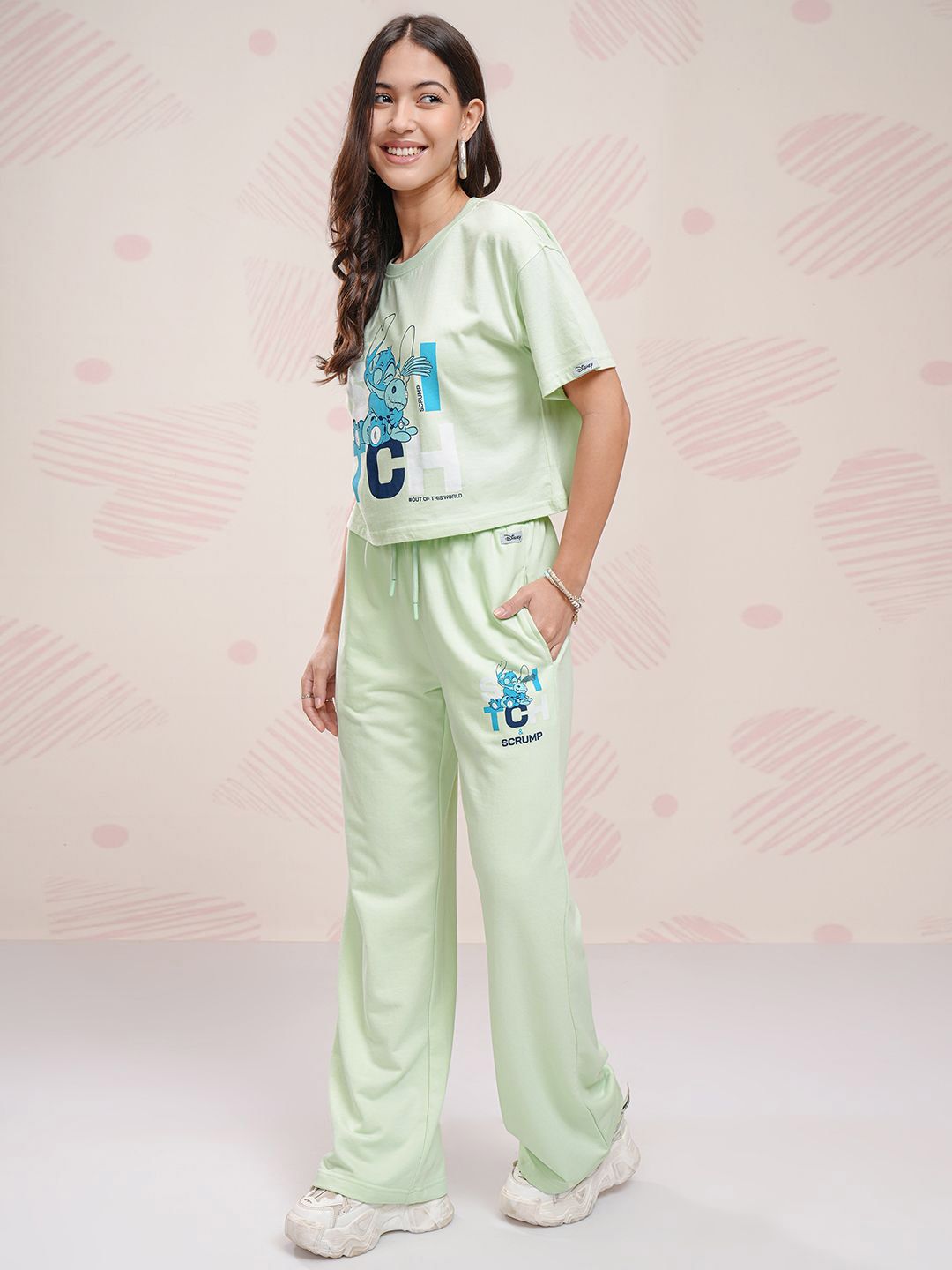 Tokyo Talkies Disney Women Stitch Printed Pure Cotton Boxy Fit T Shirt With Pant Co Ords