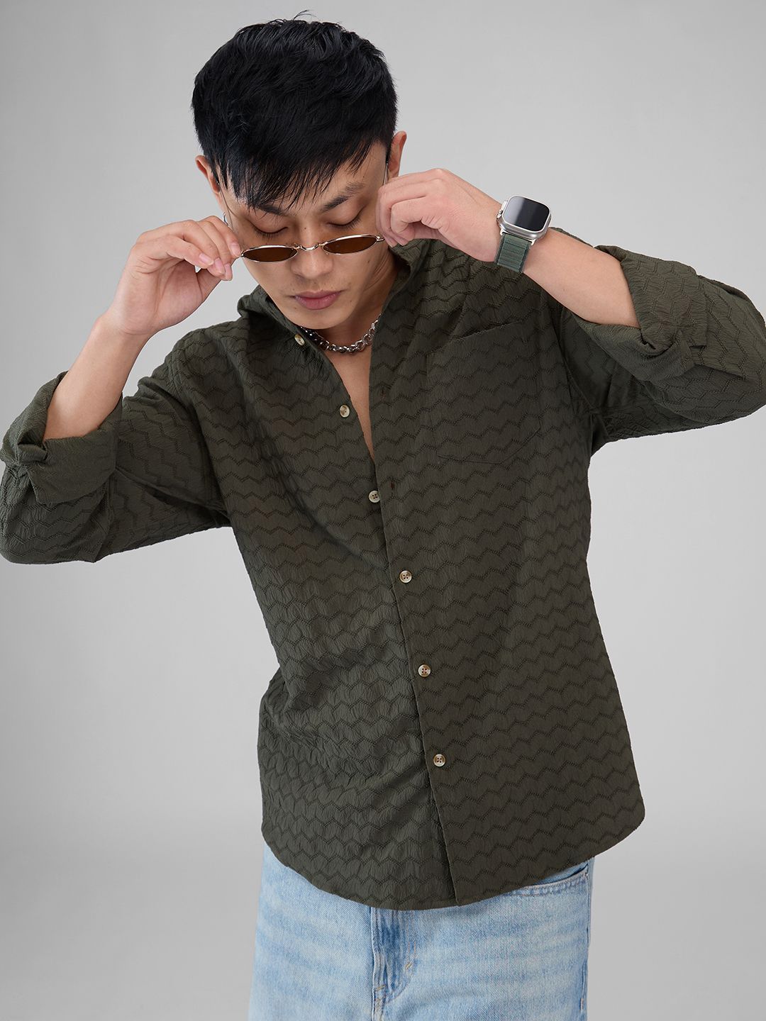 VASTRADO Men Classic Mandarin Collar Textured Casual Shirt