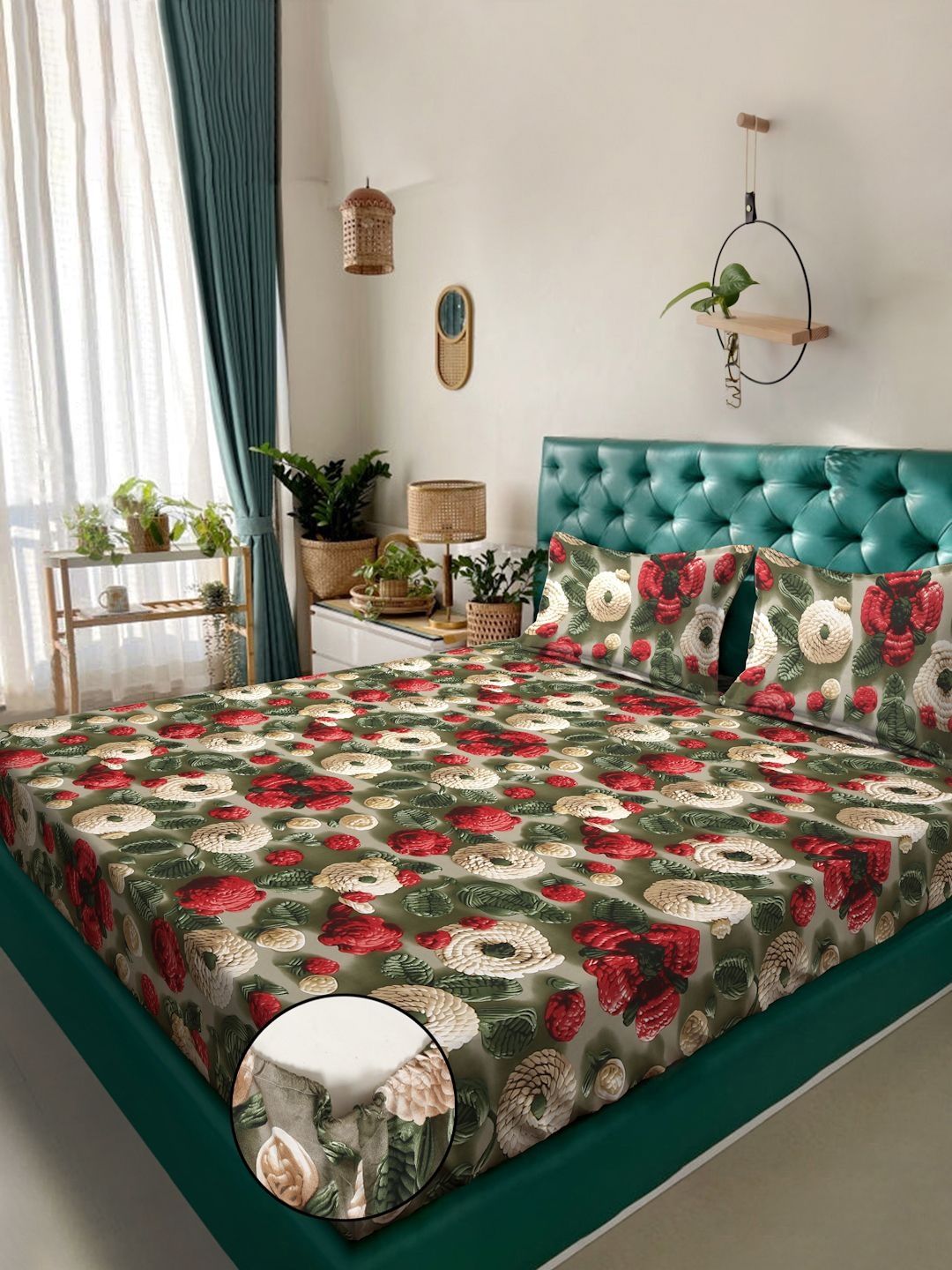 Myntra Elegant Homes Green Floral 300 TC King Cadar dengan 2 Sarung Bantal