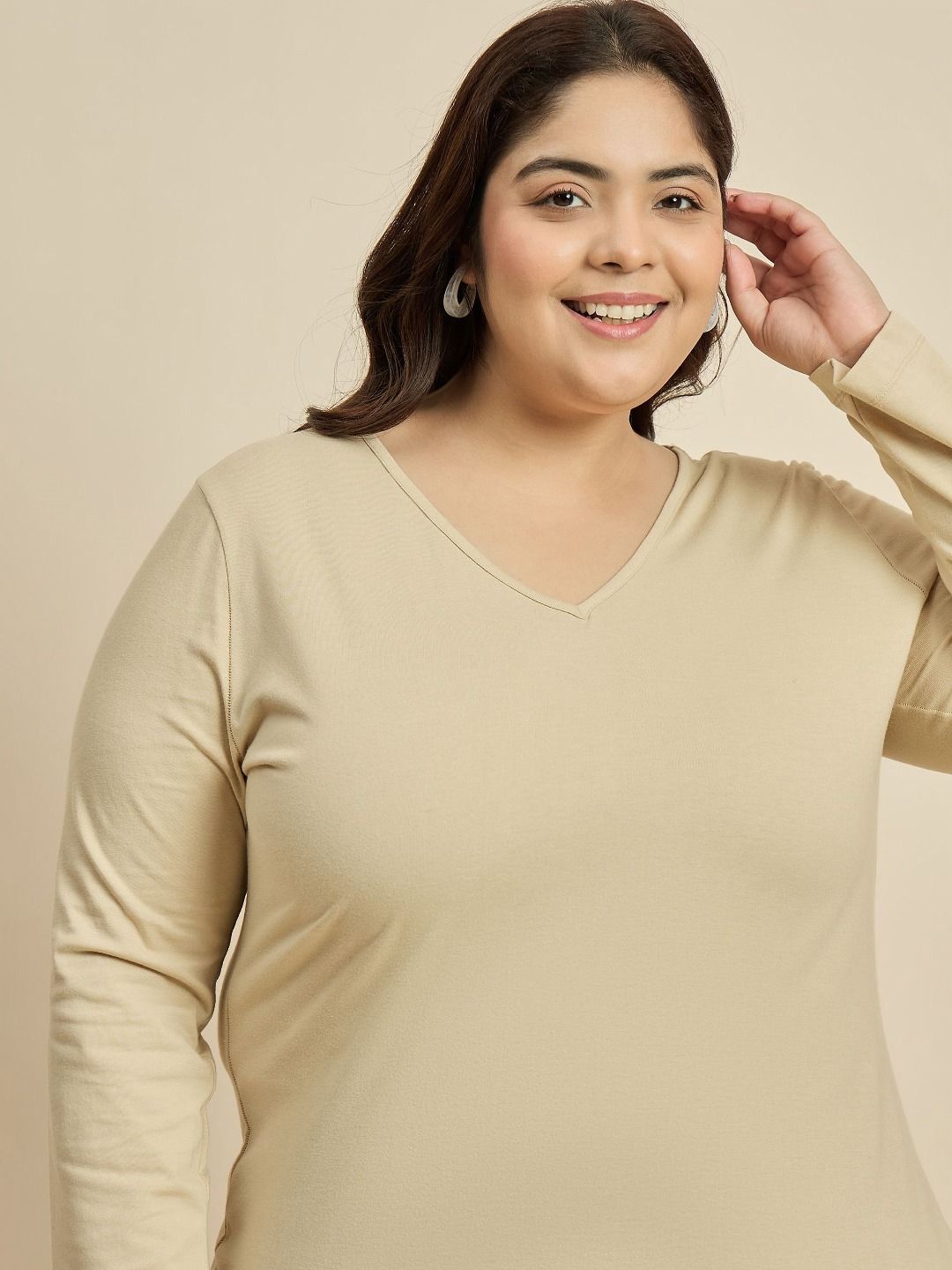 CURVY STREET Women Solid V-Neck Cotton Plus Size T-shirt