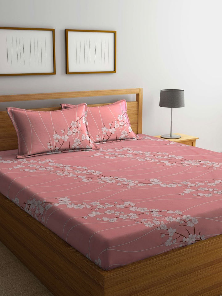 Aura Pink & White Floral Printed Fitted 400TC King Cotton Bedsheet With 2 Pillow Cover