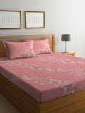 Aura Pink & White Floral Printed Fitted 400TC King Cotton Bedsheet With 2 Pillow Cover