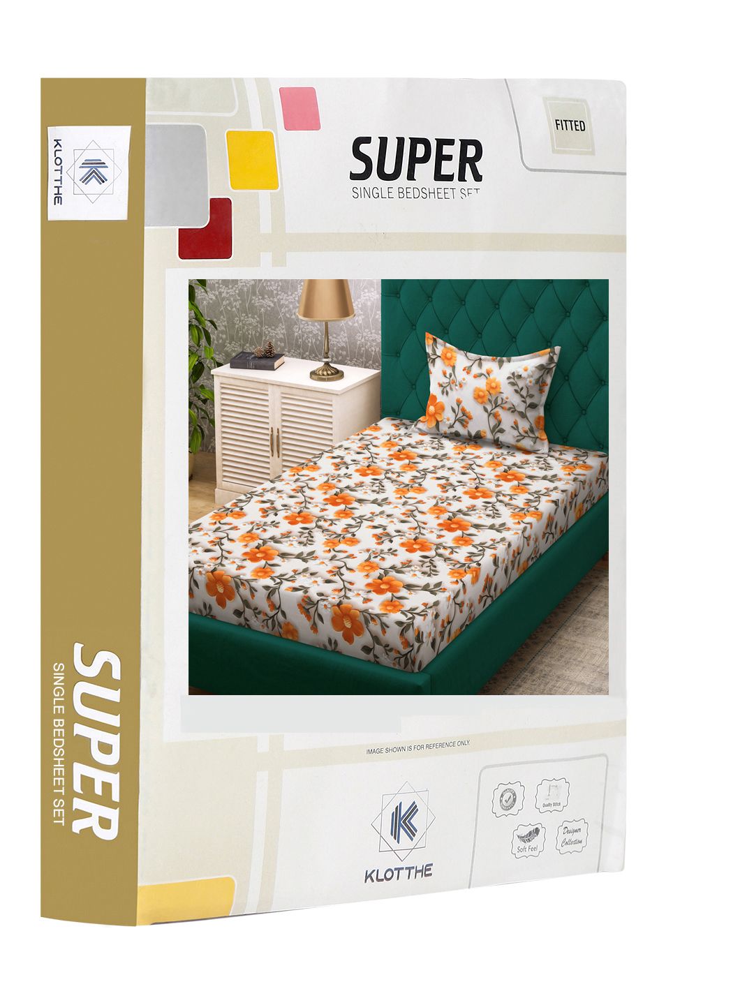 KLOTTHE Cream & Orange Floral Printed Fitted 300 TC Single 7D Bedsheet With Pillow Cover