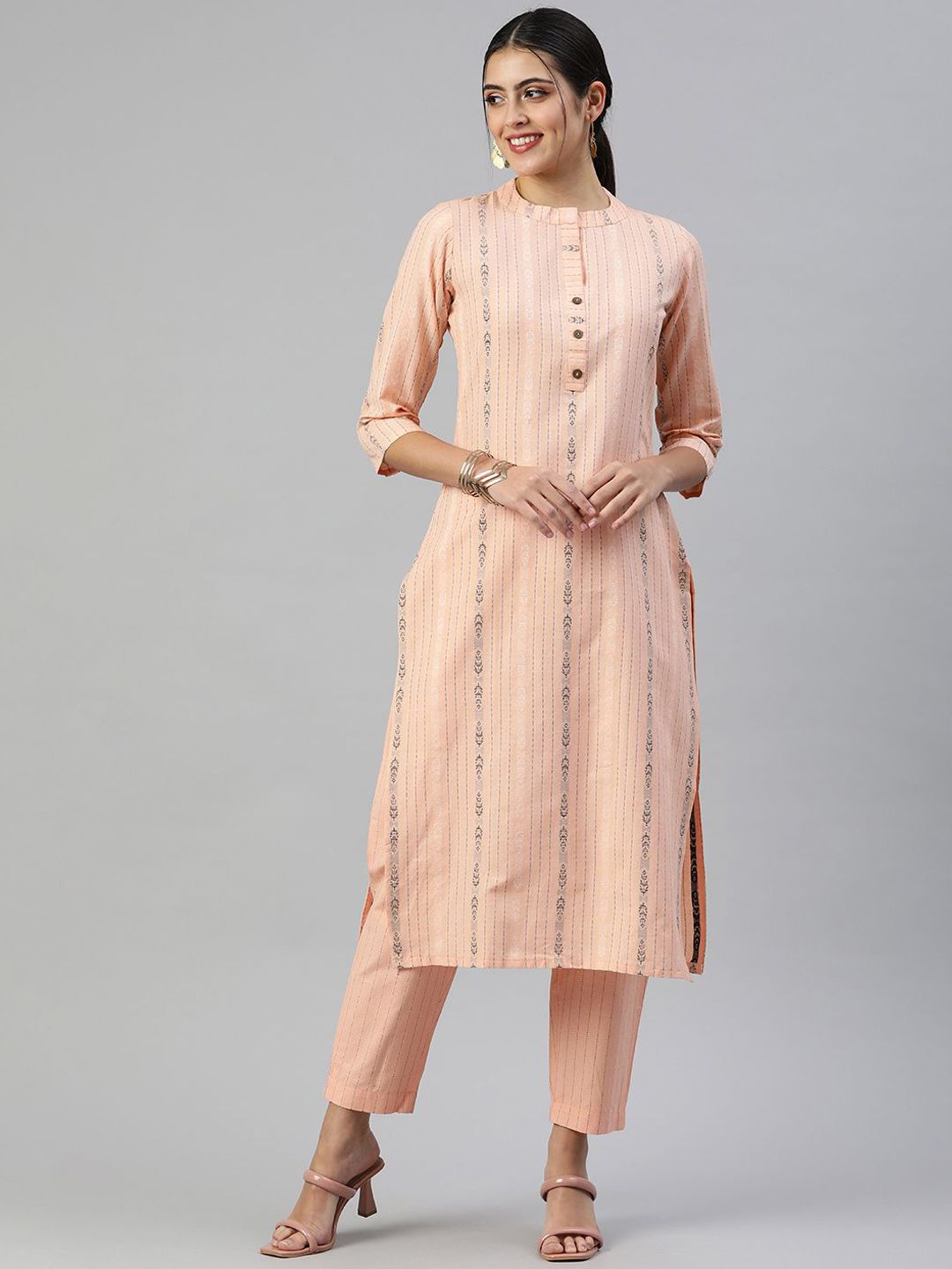 KALINI Striped Embroidered Thread Work Kurta with Trouser