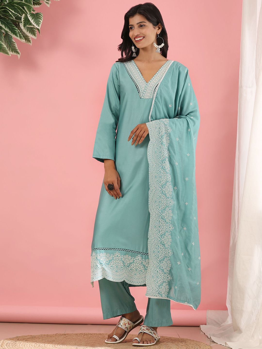 Mamicha Women Floral Embroidered Thread Work Pure Cotton Kurta with Palazzo & Dupatta