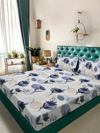 KLOTTHE Blue Floral Printed Flat 300 TC Double King Fine Bedsheet Dengan 2 Sarung Bantal