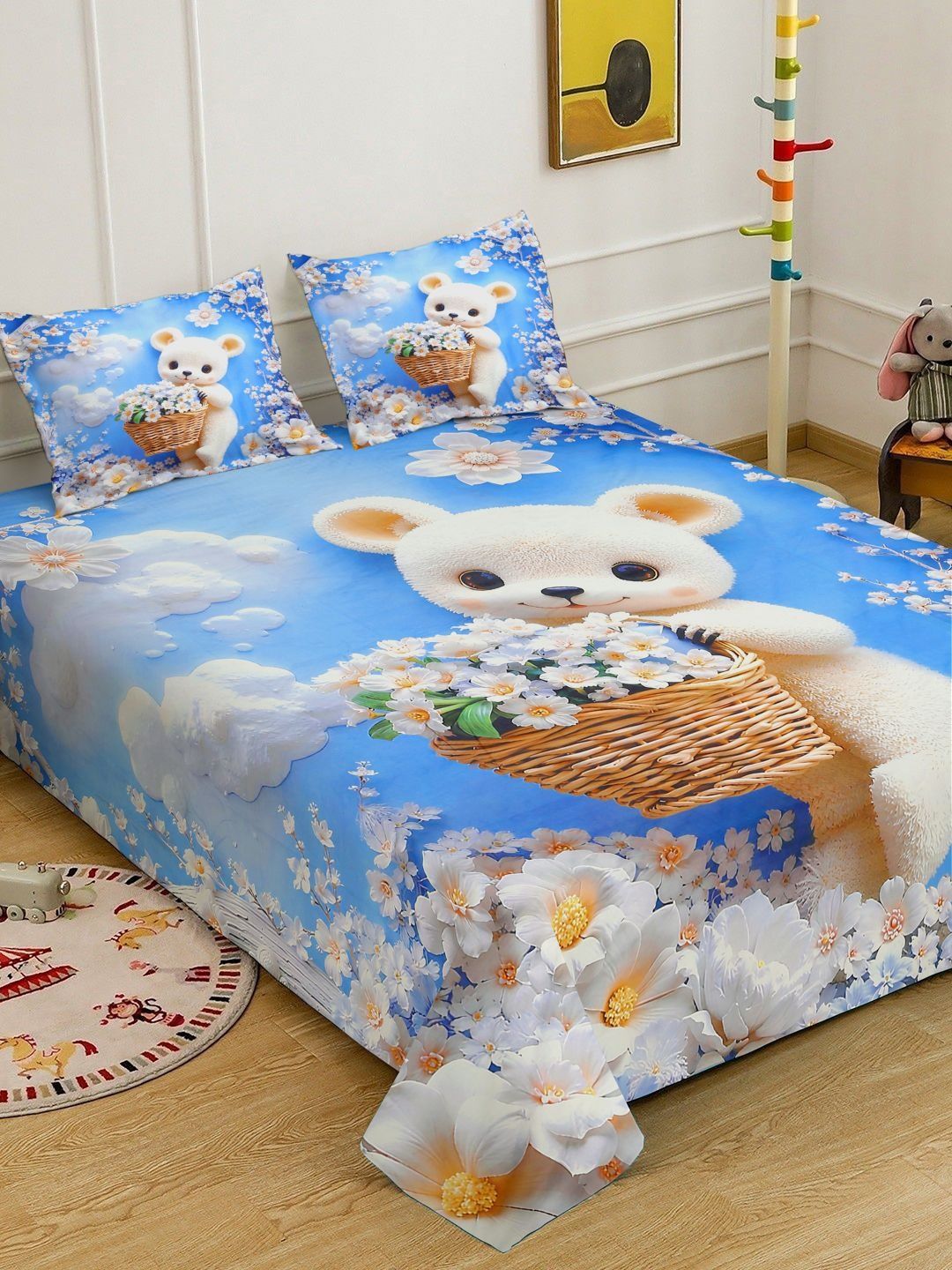 Klotthe Teddy Bear Printed 400 TC King 7D Bedsheet & 2 Pillow Covers-2.50 m x 2.25 m