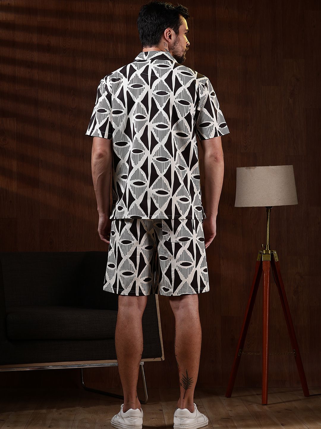 Eszett Geometric Printed Spread Collar Pure Cotton Shirt With Shorts Co-Ord Set