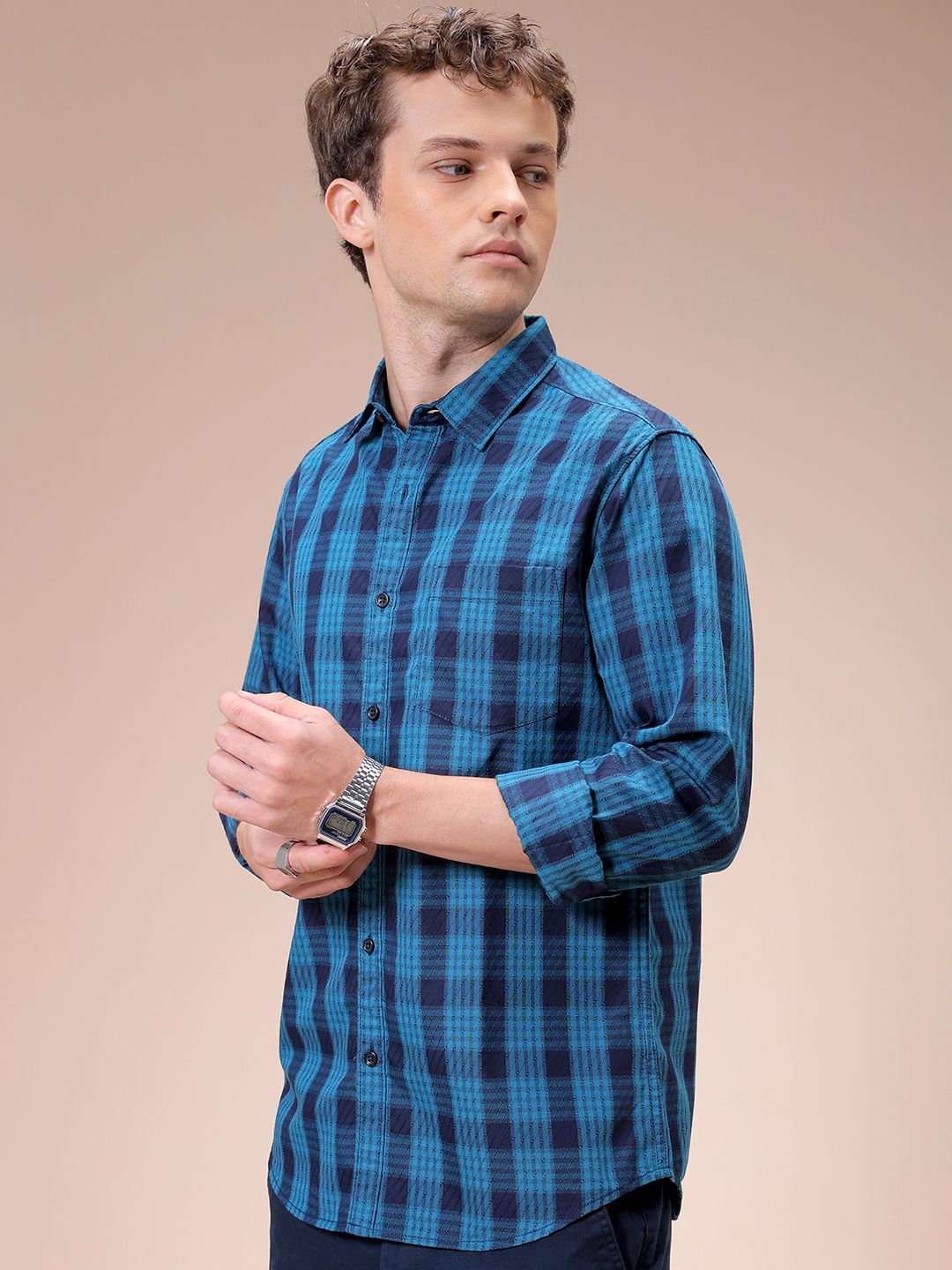 The Indian Garage Co Men Spread Collar Tartan Checked Cotton Slim Fit Casual Shirt