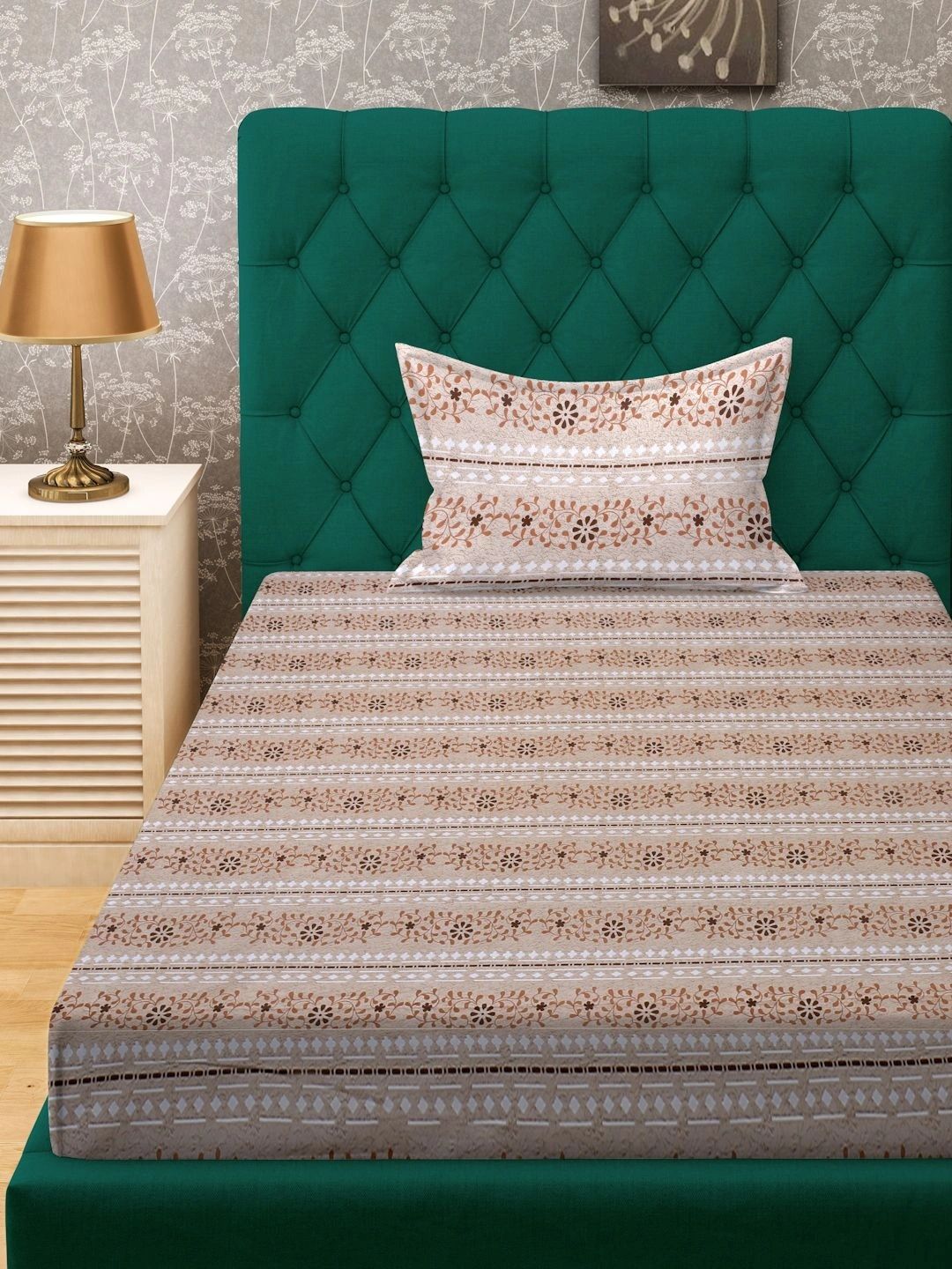 Myntra Elegant Homes Beige Floral 400 TC Single Bedsheet with 1 Pillow Covers