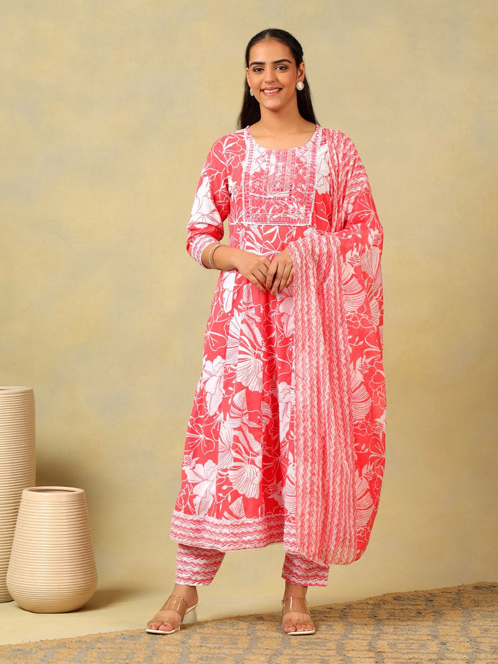 Mamicha Women Floral Printed Regular Mirror Work Pure Cotton Kurta with Trousers & With Dupatta