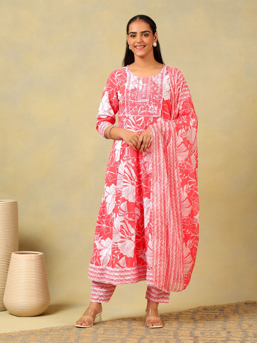 Mamicha Women Floral Printed Regular Mirror Work Pure Cotton Kurta with Trousers & With Dupatta
