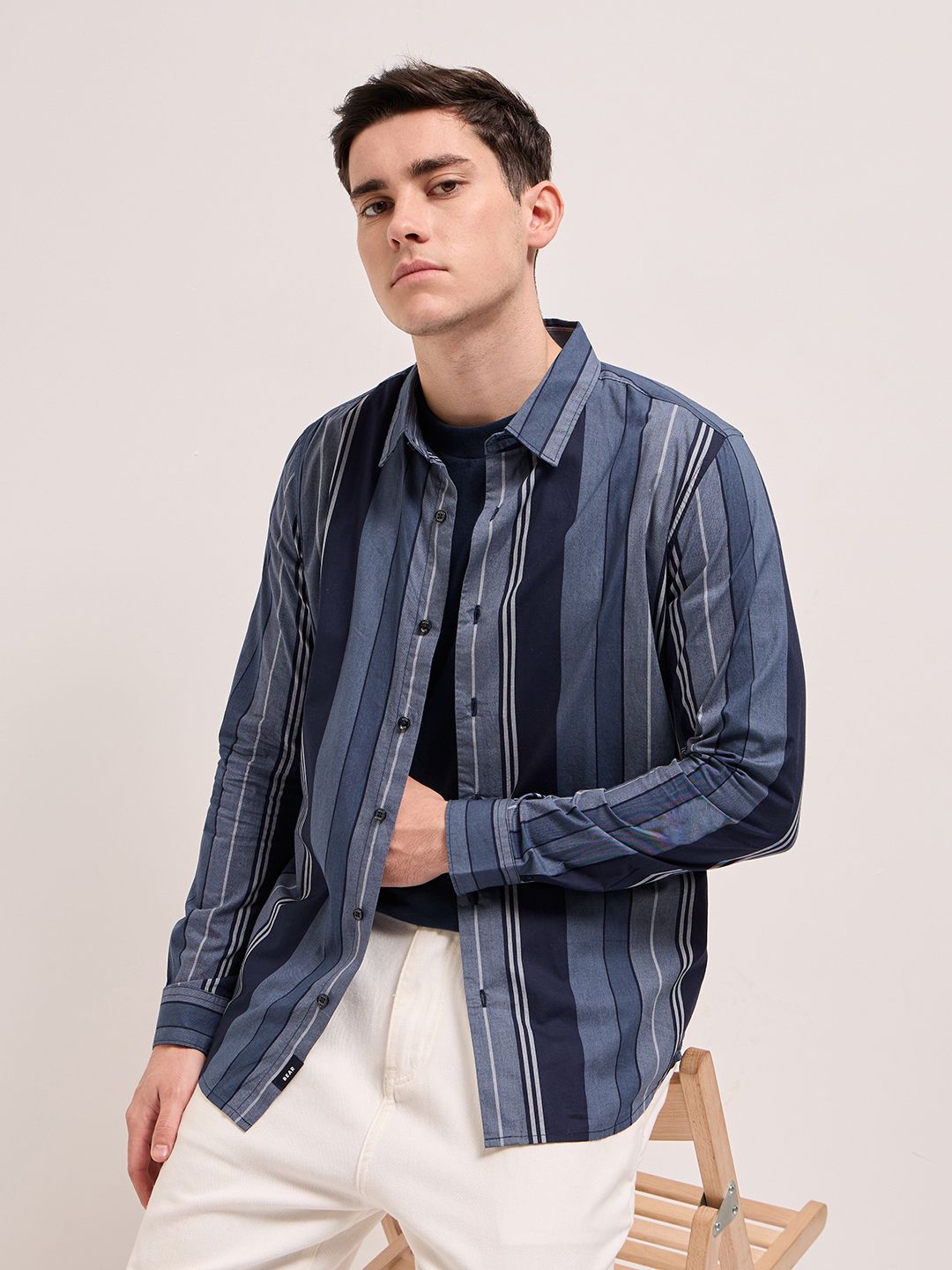 THE BEAR HOUSE Slim Fit Striped Pure Cotton Casual Shirt