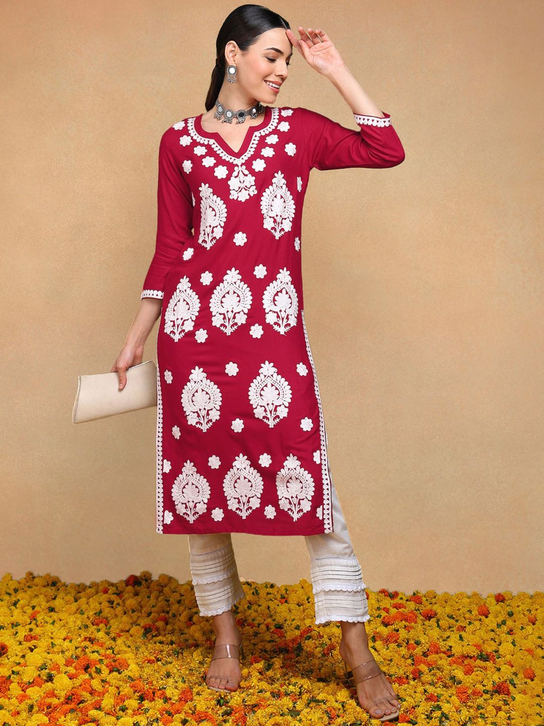 KALINI Round Neck Thread Work Straight Kurta