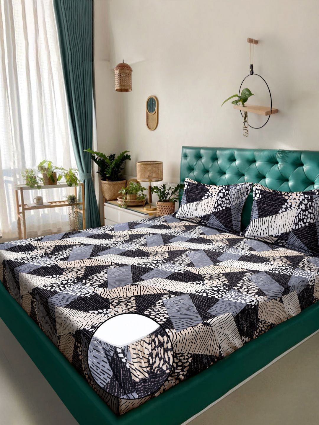KLOTTHE Putih& Kelabu Bercetak Bunga Dilengkapi 300TC Super King Cadar Katil Double& 2 Sarung Bantal