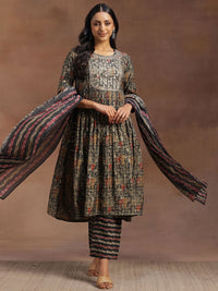 Libas Ethnic Motifs Printed Mirror Work A-Line Kurta with Trousers & Dupatta