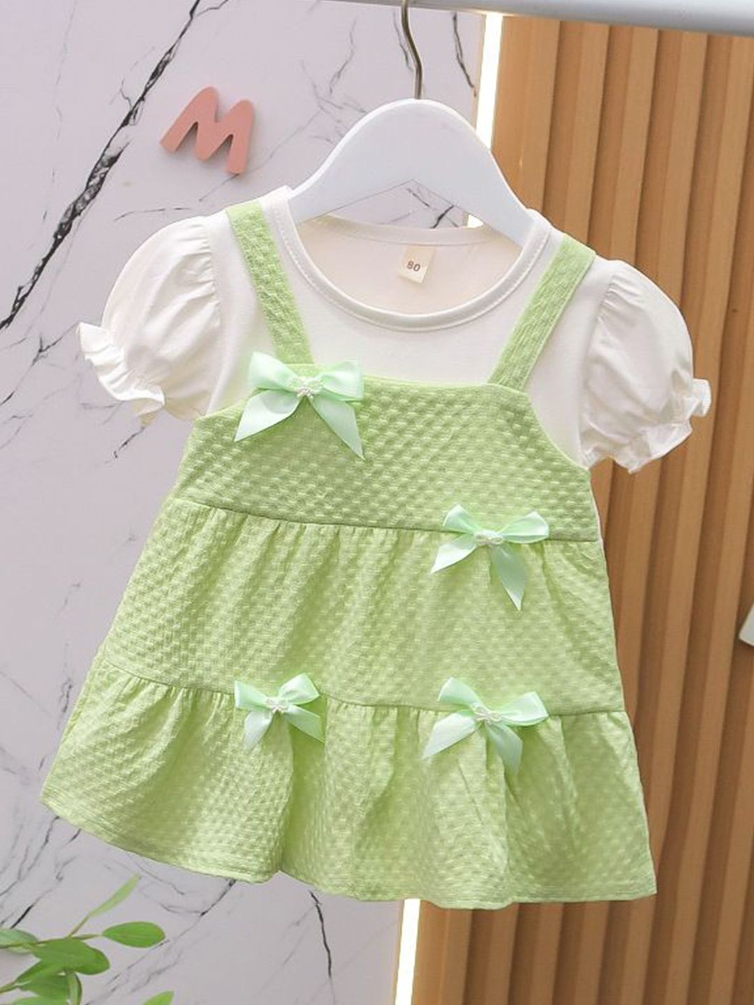 YK Girls Self Design Round Neck Bow Detail Pinafore Dress