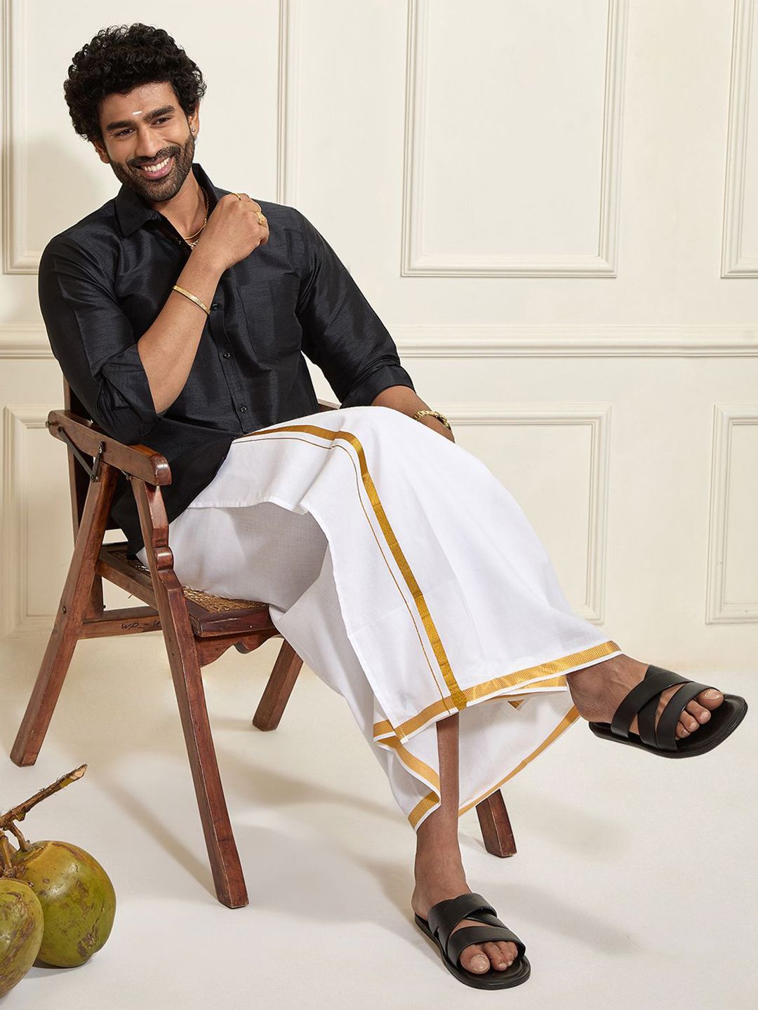 VASTRAMAY Shirt Collar Long Roll-Up Sleeves Shirt With Veshti