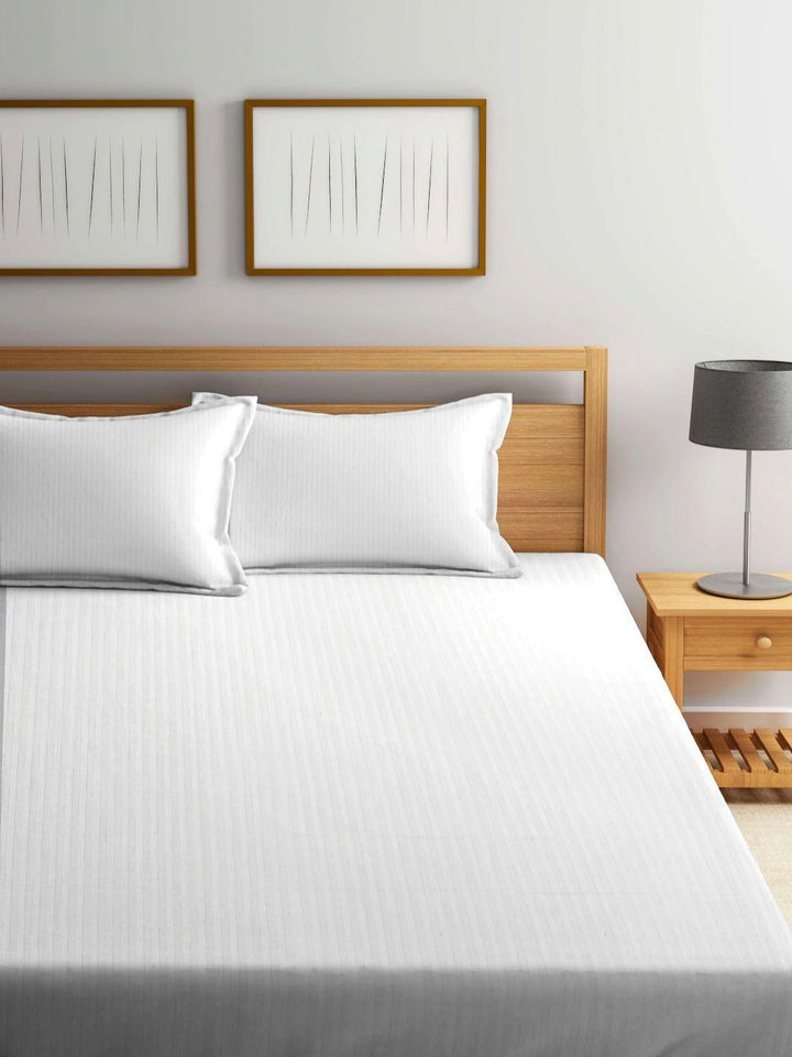 Myntra Elegant Homes White Striped 300 TC Fitted King Bedsheet with 2 Pillow Covers