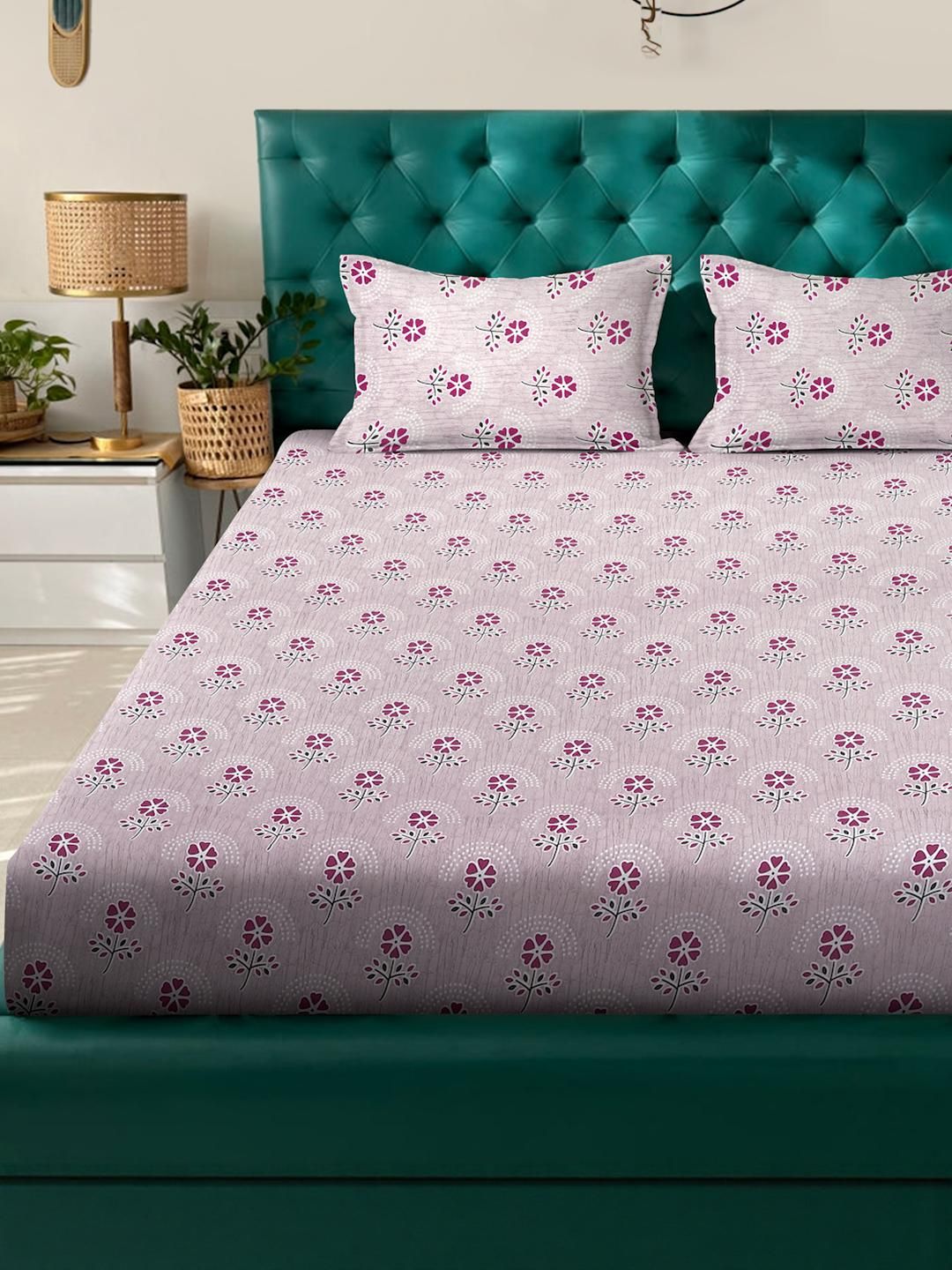 KLOTTHE Pink Floral Printed Dilengkapi 400 TC Kapas Cadar King & 2 Sarung Bantal