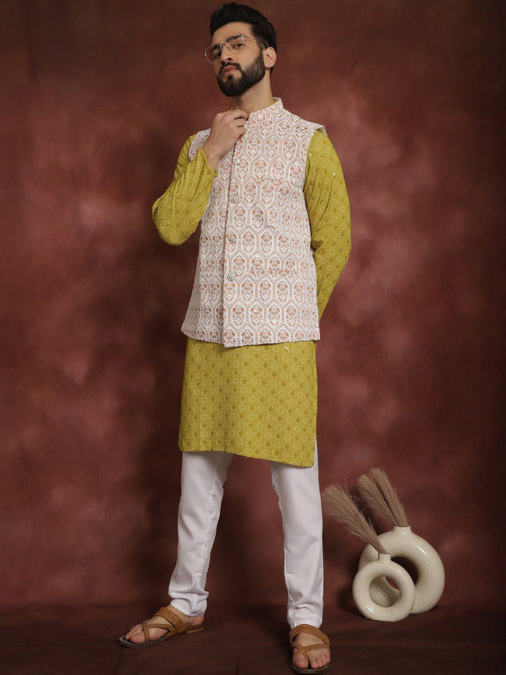 Anouk Mandarin Collar Geometic Embroidered Kurta With Churidar & Nehru Jacket