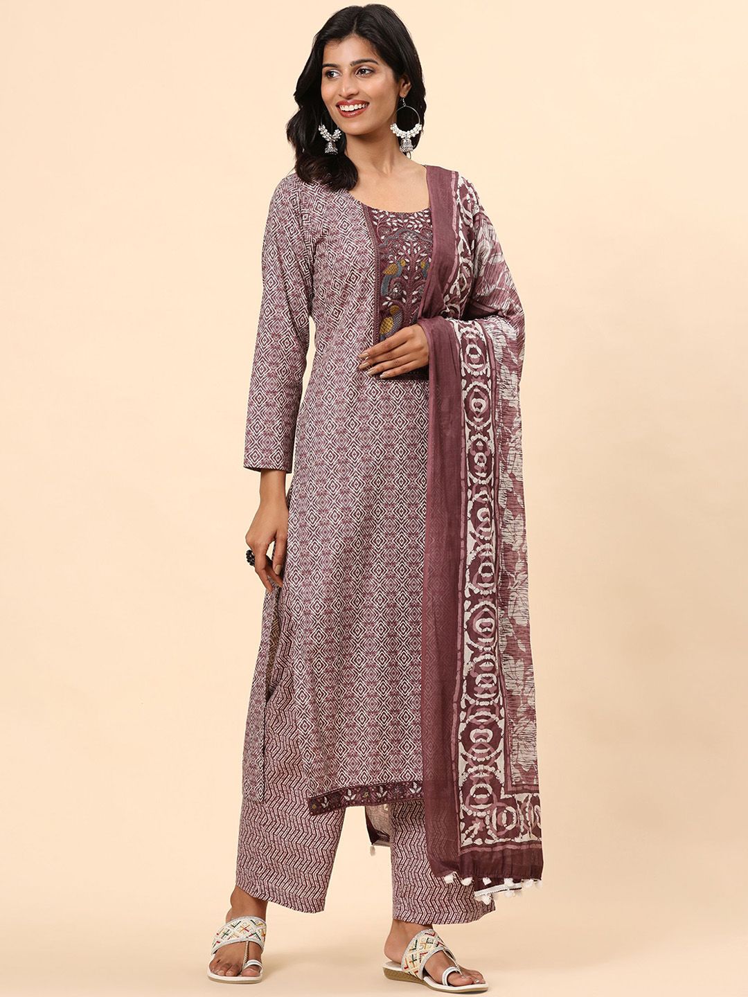 Mamicha Women Printed Regular Thread Work Pure Cotton Kurta with Palazzos & With Dupatta