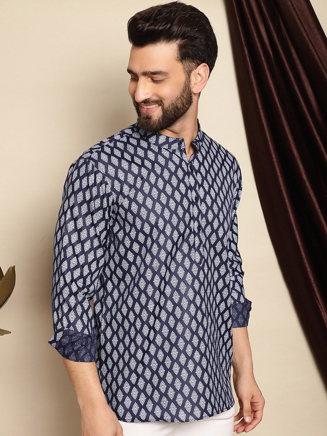 Anouk Navy Blue Ethnic Motifs Printed Band Collar Short Kurta