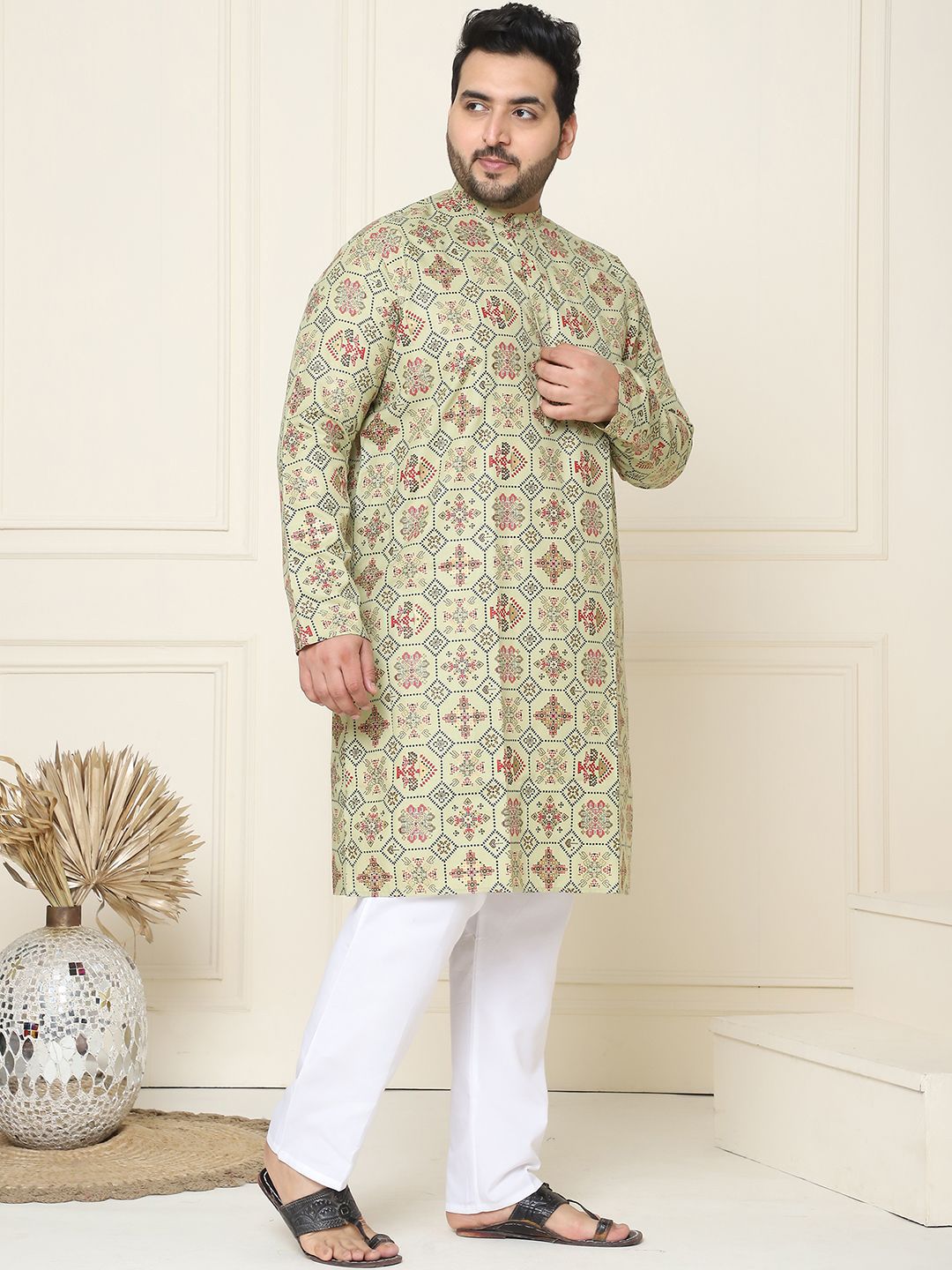SOJANYA PLUS Motif Etnik Bercetak Linen Kapas Kurta Lurus dengan Piyama
