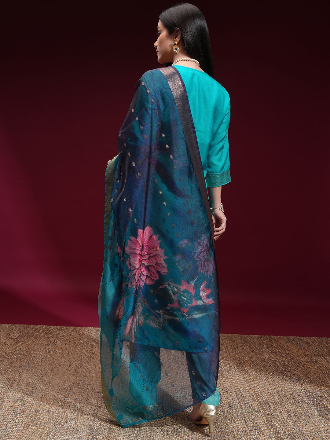 Vishudh Women Turquoise Ethnic Motifs Regular Kurta with Trousers Dupatta