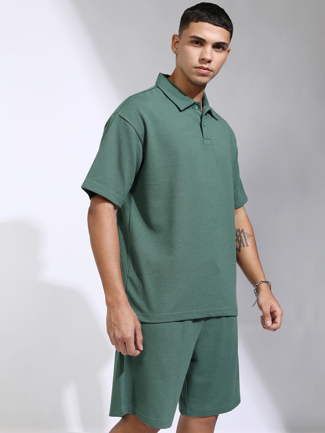 HIGHLANDER Self Design Polo Collar T-Shirt With Shorts