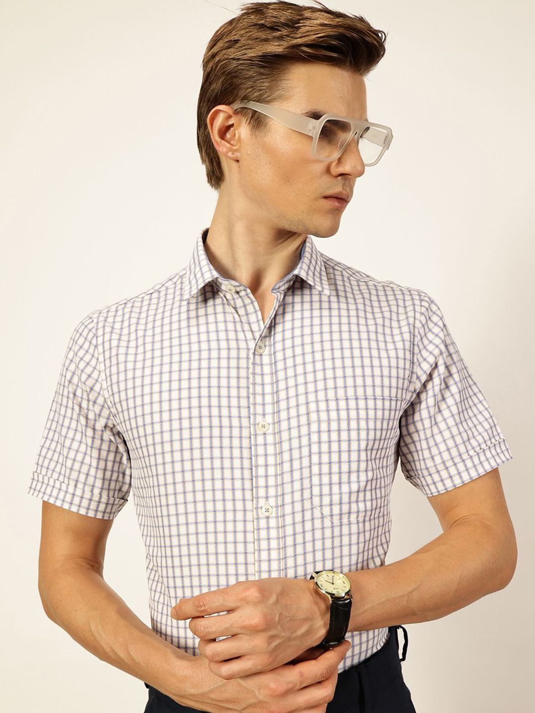 Thomas Scott Men Smart Spread Collar Gingham Checked Cotton Formal Shirt