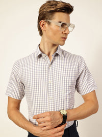 Thomas Scott Men Smart Spread Collar Gingham Checked Cotton Formal Shirt
