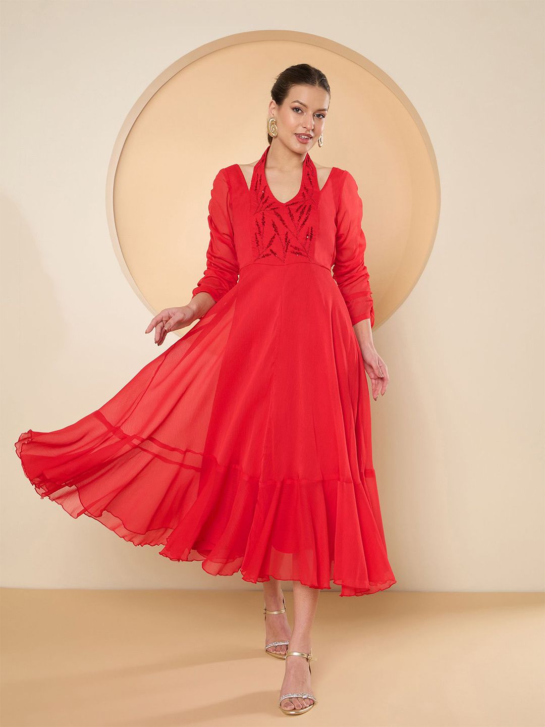 Antheaa Women Halter Neck Chiffon Fit & Flare Embellished Midi Dress