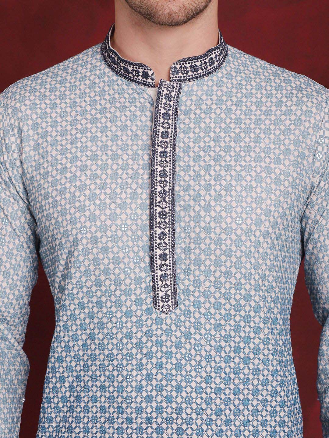 Jompers Geometric Embroidered Mandarin Collar Sequinned Kurta With Pyjamas