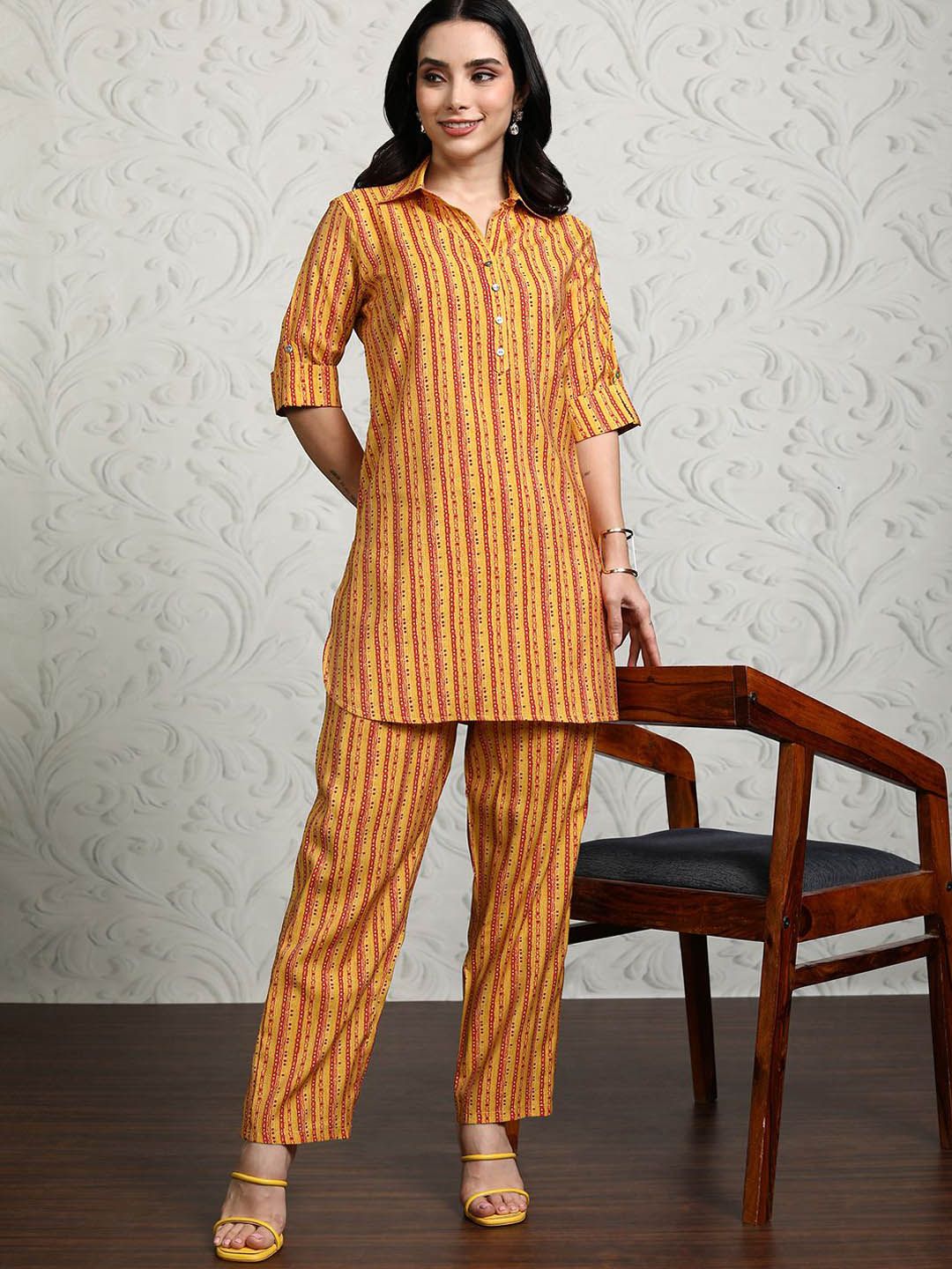 Vishudh Striped Shirt Collar Tunic With Trouser