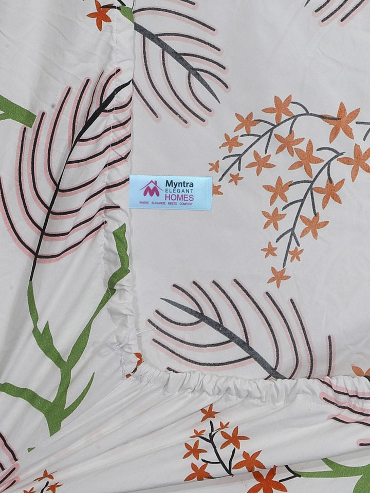 Myntra Elegant Homes White Floral Polycotton 300 TC Fitted Single Fine Bedsheet with a Pillow Cover-89 x 59 inches