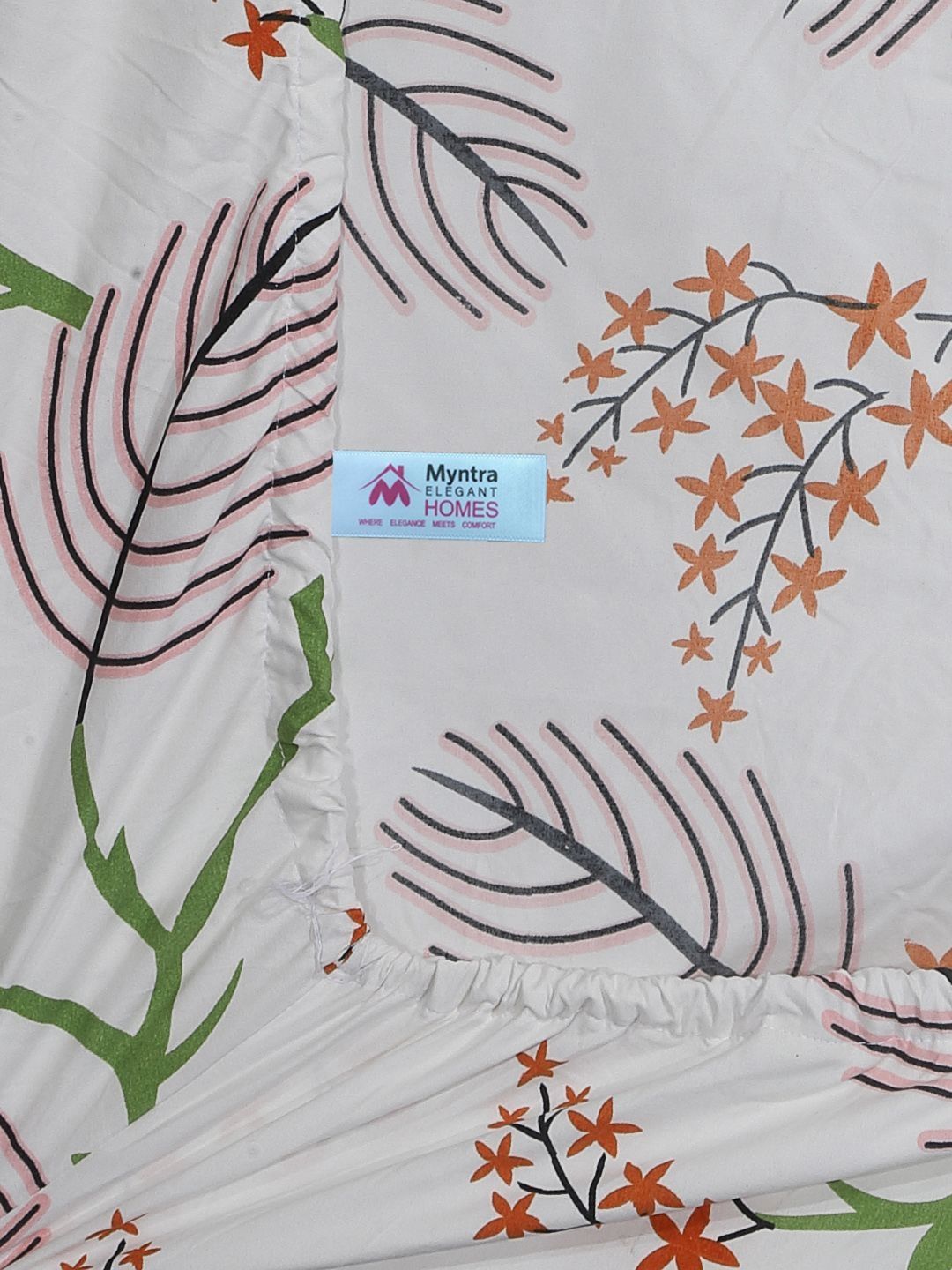 Myntra Elegant Homes White Floral Polycotton 300 TC Fitted Single Fine Bedsheet with a Pillow Cover-89 x 59 inches