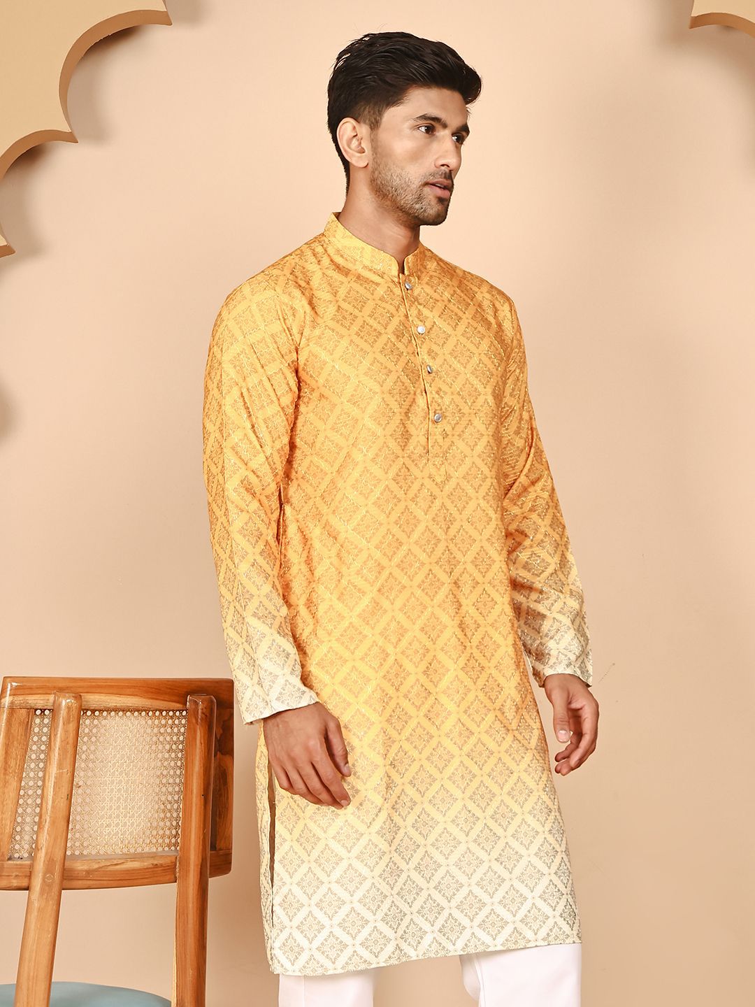 Jompers Floral Printed Chikankari Mandarin Collar Kurta