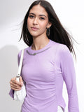 Tokyo Talkies Women Ribbed Mock Neck Bell Sleeve Fitted Top