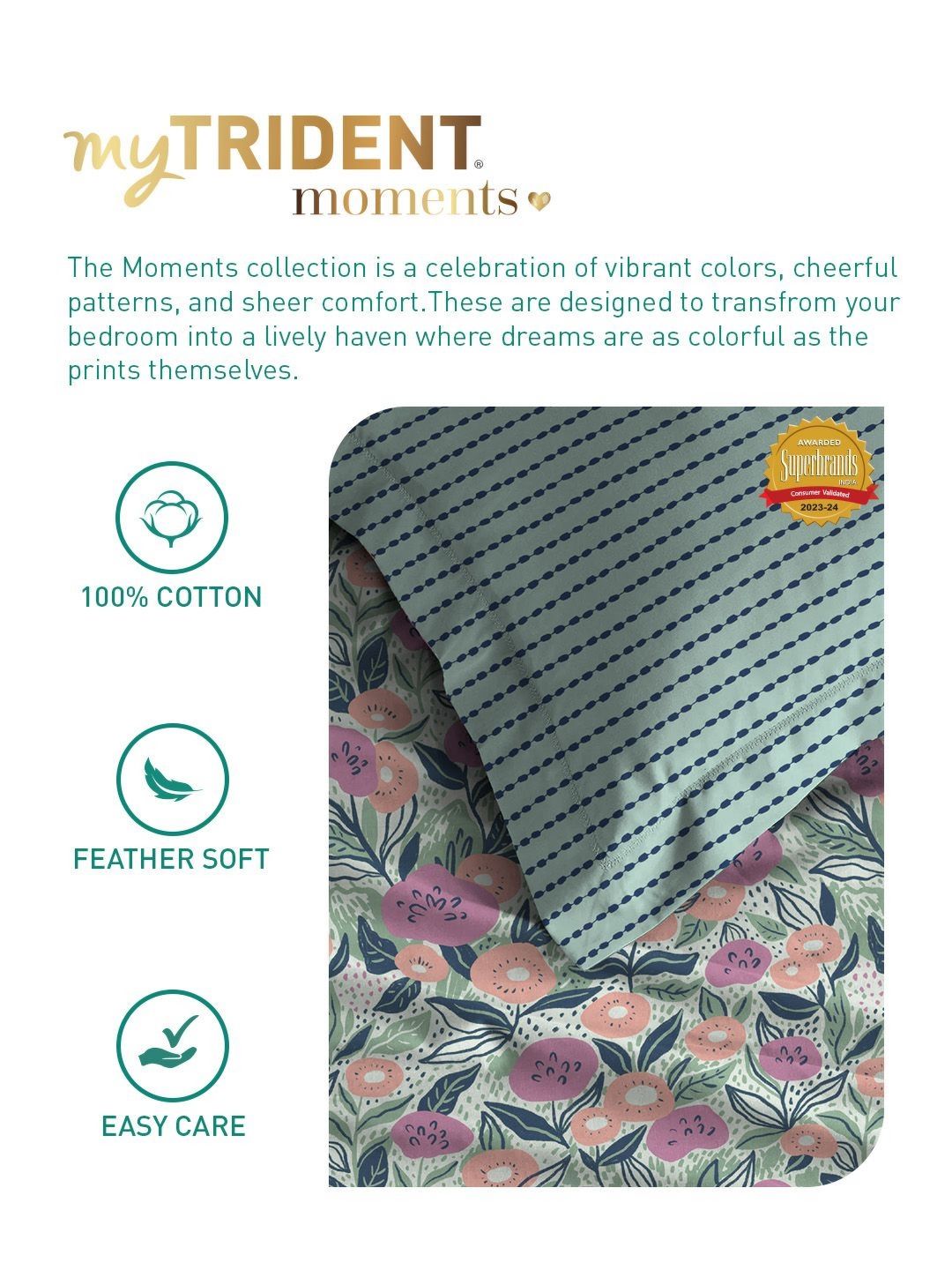 TRIDENT Jasmine Teal Moments Flat 120TC Queen Cotton Bedsheet Set